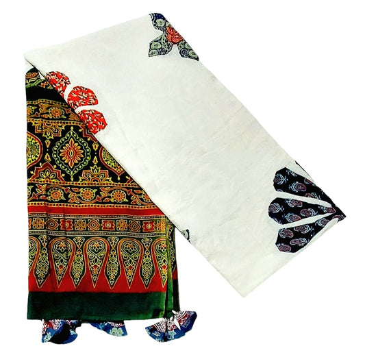 Pure Cotton Ajrakh Hand Block Printed Floral Design Patchwork Dupatta (With Tassels)