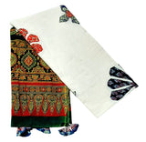 Pure Cotton Ajrakh Hand Block Printed Floral Design Patchwork Dupatta (With Tassels)