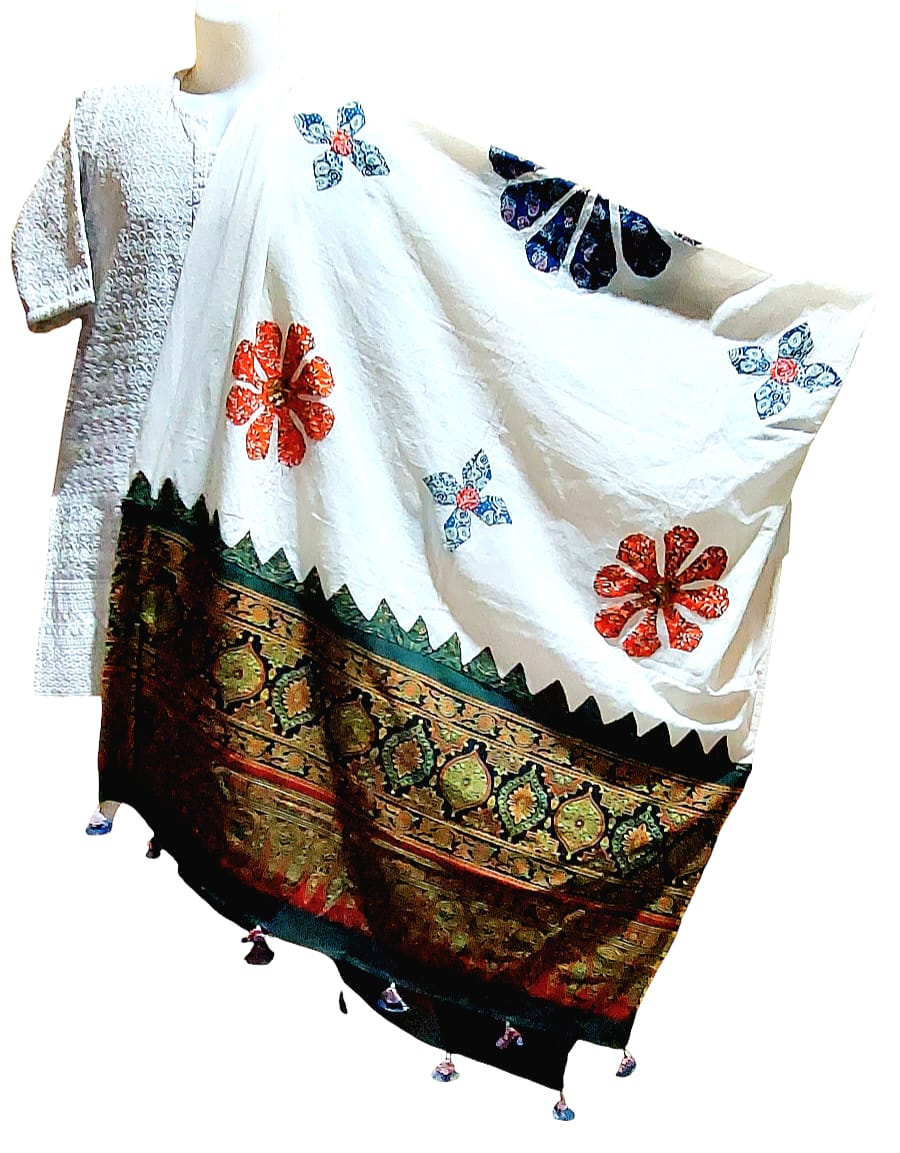 Pure Cotton Ajrakh Hand Block Printed Floral Design Patchwork Dupatta (With Tassels)
