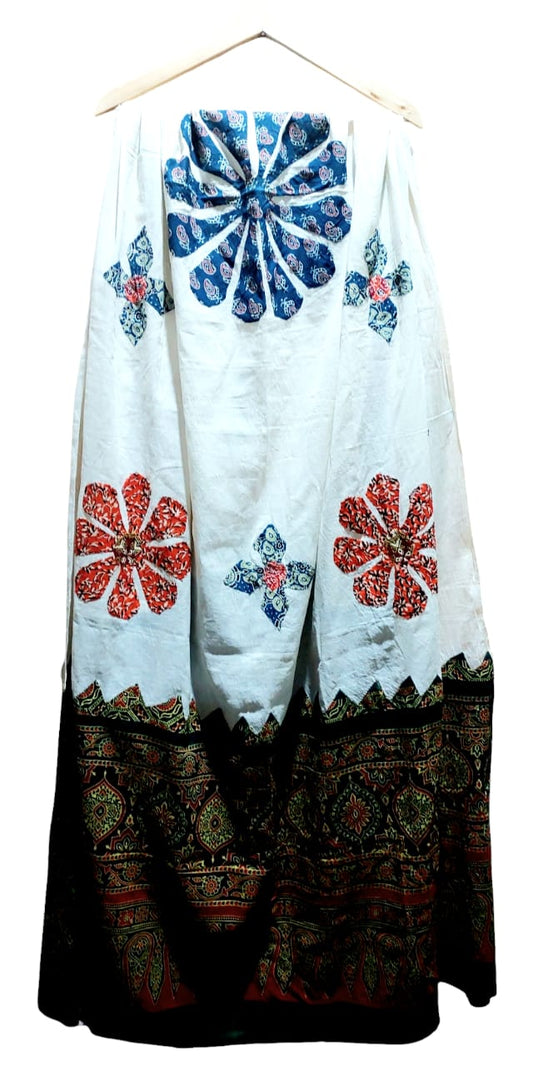 Pure Cotton Ajrakh Hand Block Printed Floral Design Patchwork Dupatta (With Tassels)