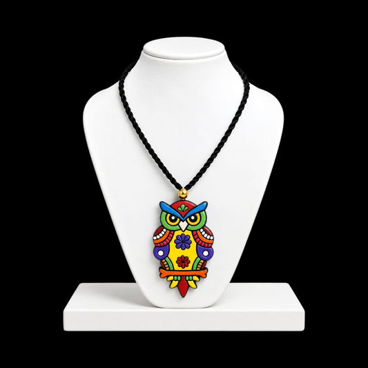 Handmade Multicolour Terracotta Owl Pendant Rope Necklace