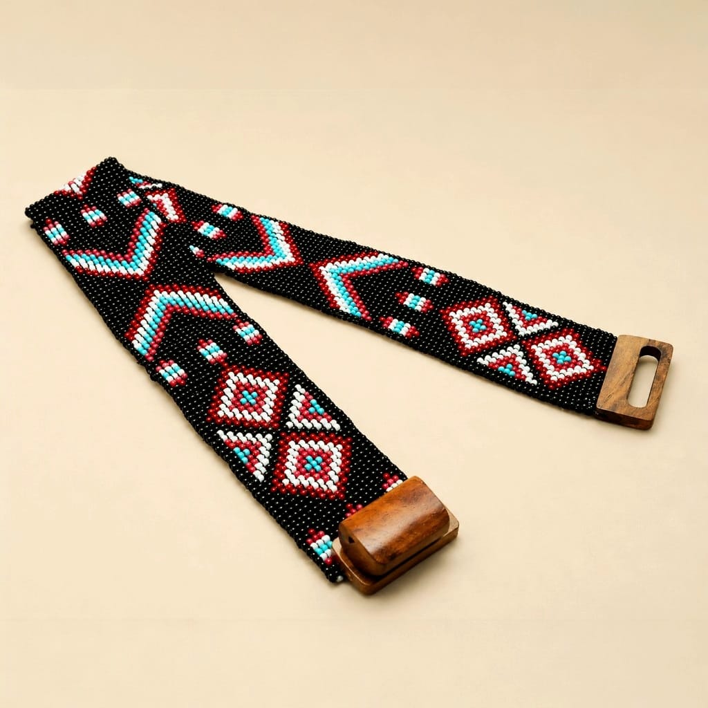 Glass Beaded Elastic Belt/Waistband (Broad) With Wooden Buckle