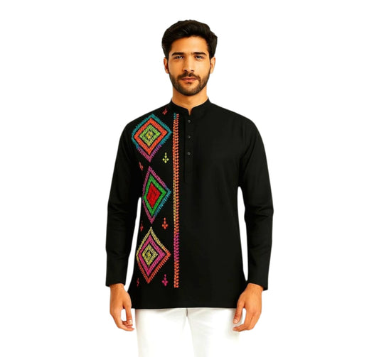 Pure Cotton Short Kurta For Men( With Kantha Stitch Hand Embroidery Work)