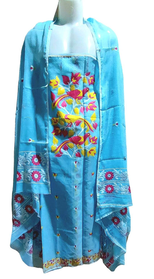 Purely Handmade Kota Silk By Cotton 2 piece Suit Set With Jamdani Weave