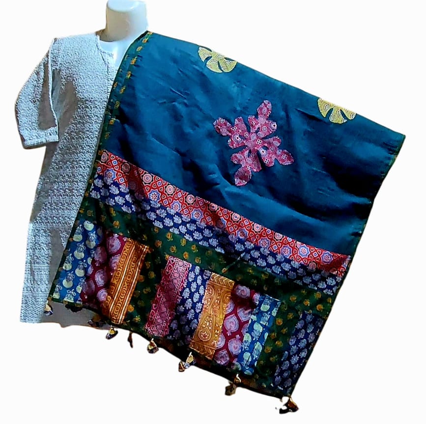 Pure Cotton Ajrakh Hand Block Printed Floral Design Patchwork Dupatta (With Tassels)