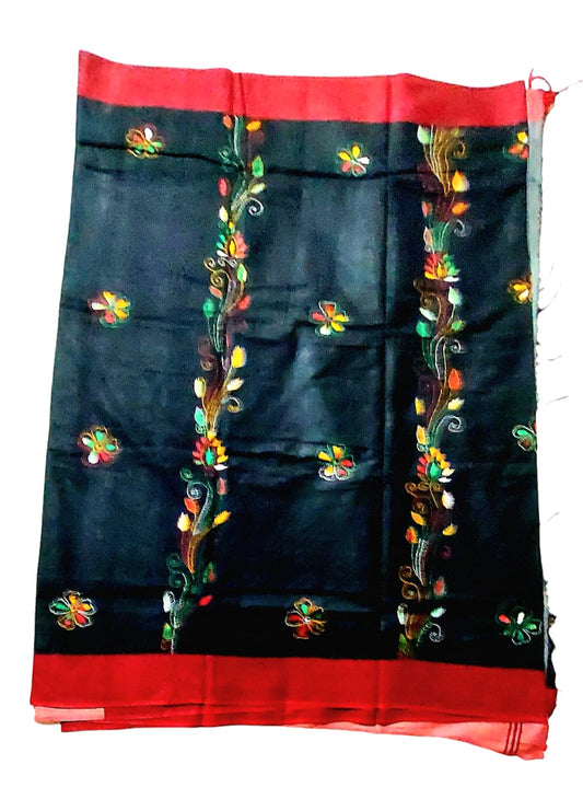 Purely Handmade Dual Colour Khadi Kantha Embroidered Saree