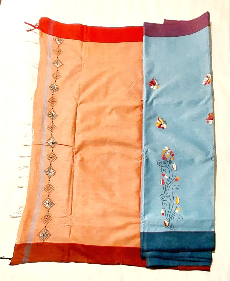 Purely Handmade Dual Colour Khadi Kantha Embroidered Saree