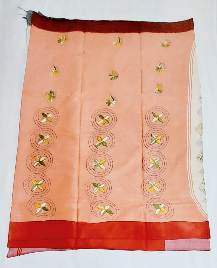 Purely Handmade Dual Color Khadi Kantha Embroidered Saree