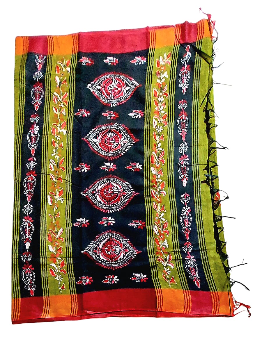 Purely Handmade Dual Colour Khadi Kantha Embroidered Saree
