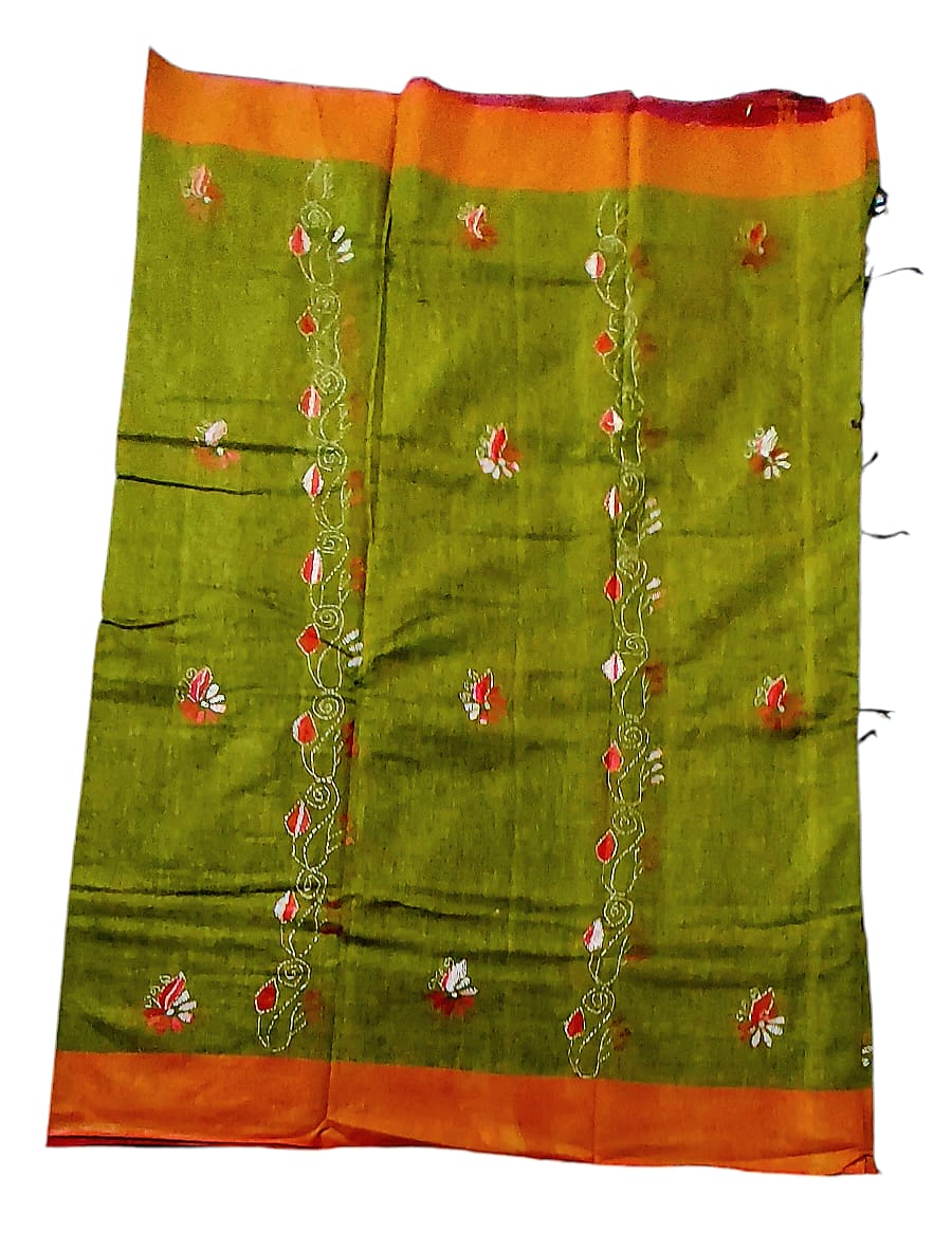 Purely Handmade Dual Colour Khadi Kantha Embroidered Saree
