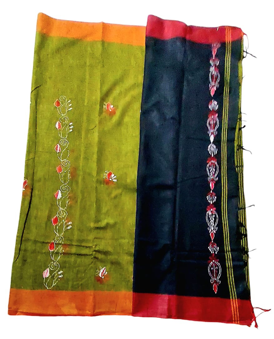 Purely Handmade Dual Colour Khadi Kantha Embroidered Saree