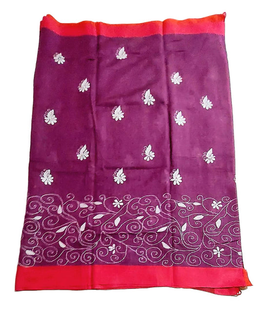 Purely Handmade Dual Colour Khadi Kantha Embroidered Saree
