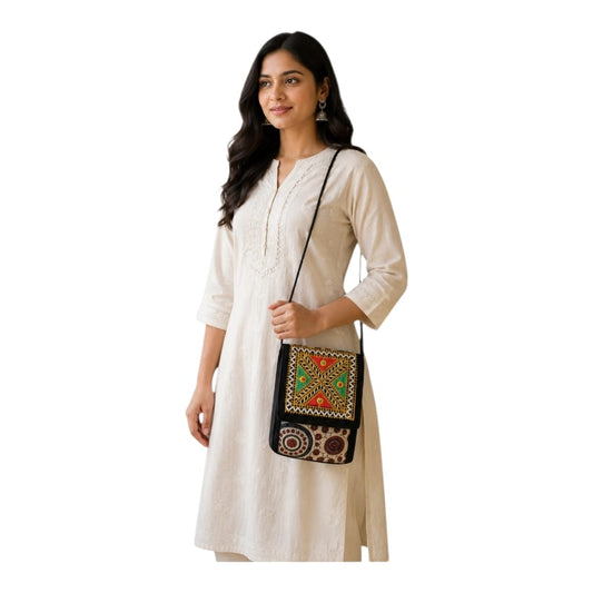 Ajrakh Printed Kutch Embroidery Sling Bag