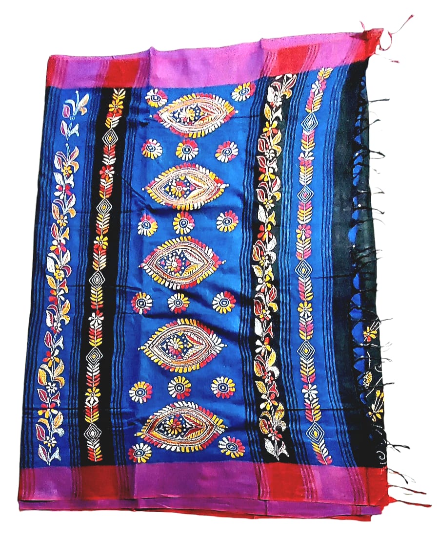 Purely Handmade Dual Colour Khadi Kantha Embroidered Saree