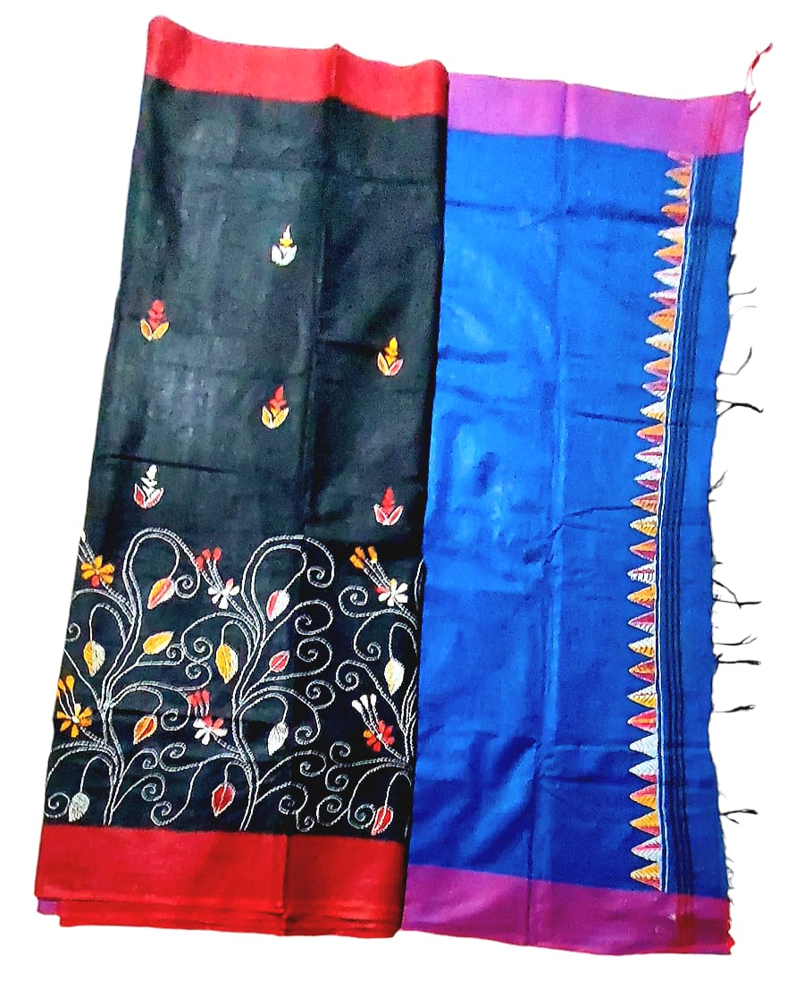 Purely Handmade Dual Colour Khadi Kantha Embroidered Saree