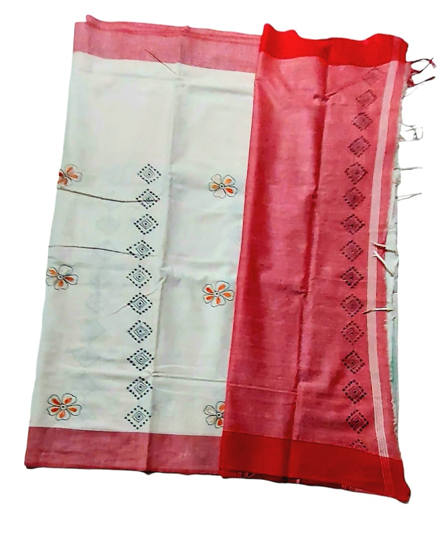 Purely Handmade Dual Colour Khadi Kantha Embroidered Saree