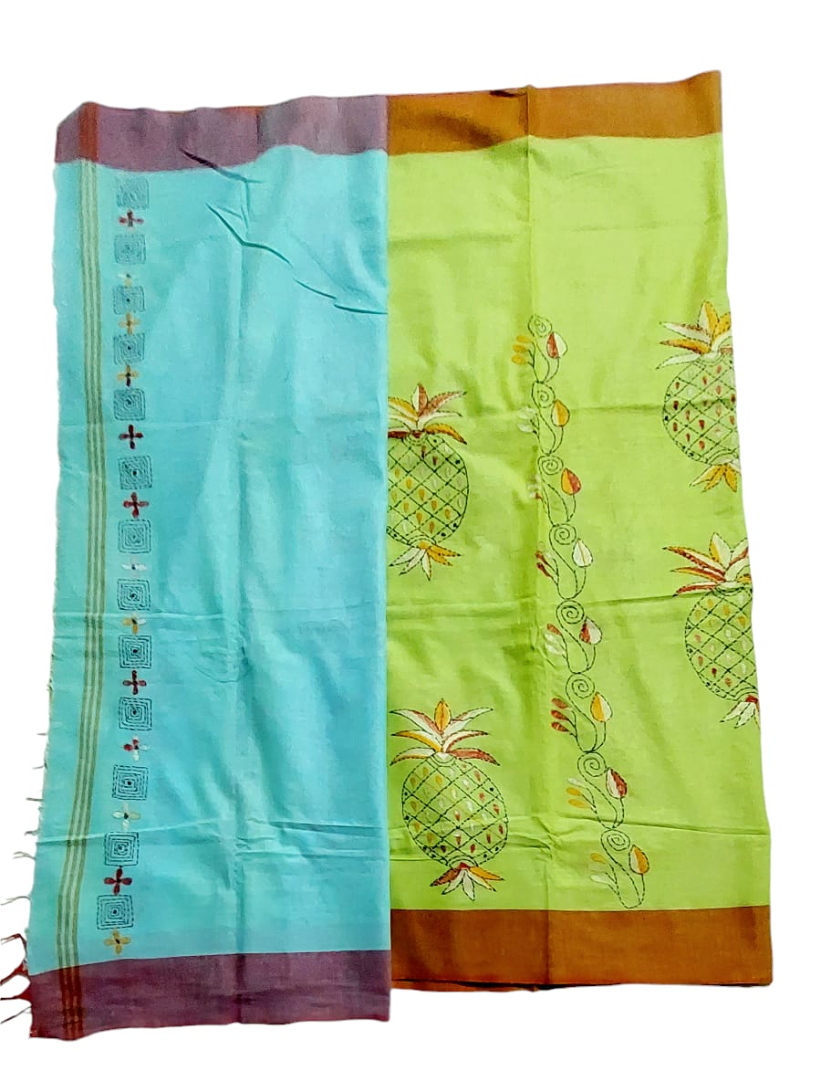 Purely Handmade Dual Colour Khadi Kantha Embroidered Saree