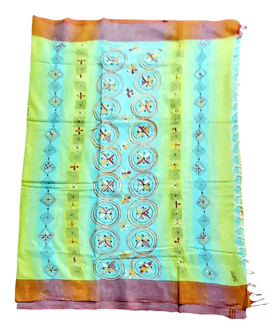 Purely Handmade Dual Colour Khadi Kantha Embroidered Saree