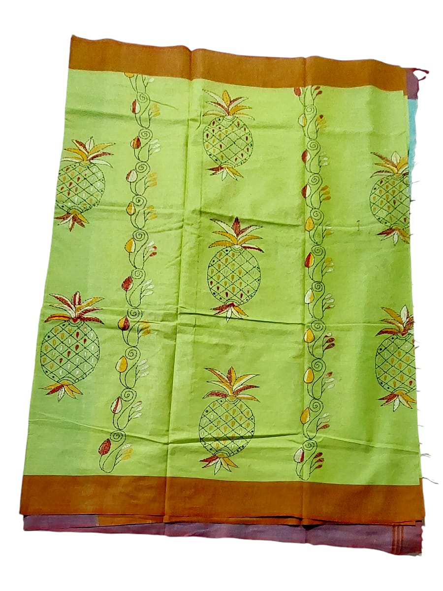 Purely Handmade Dual Colour Khadi Kantha Embroidered Saree