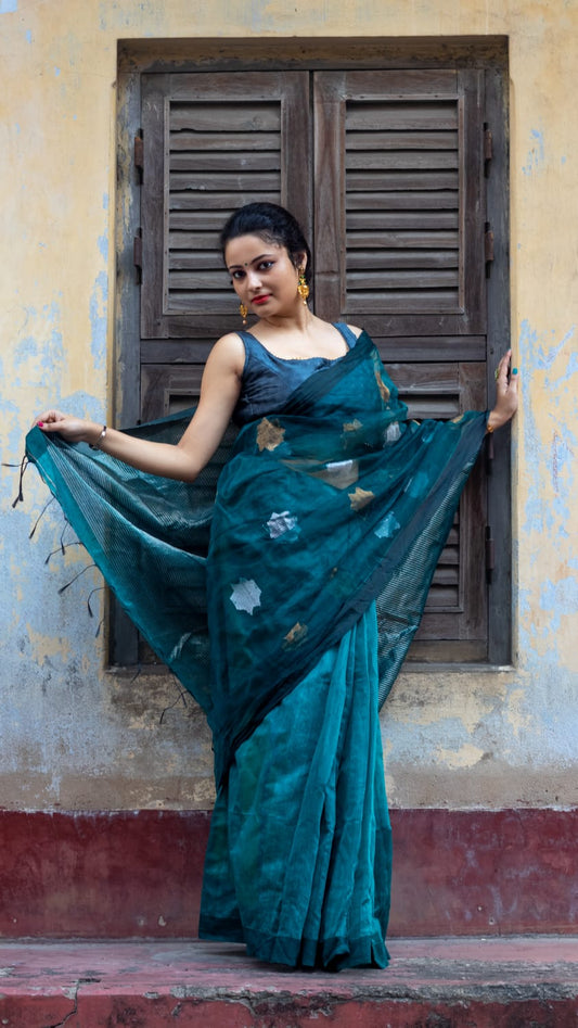 Matka Muslin Sarees With Copper & Silver Zari Work For Women & Girls