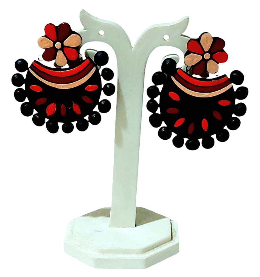 Fashweave Purely Handmade Terracotta Stud Earrings (Half Circle Floral Design)