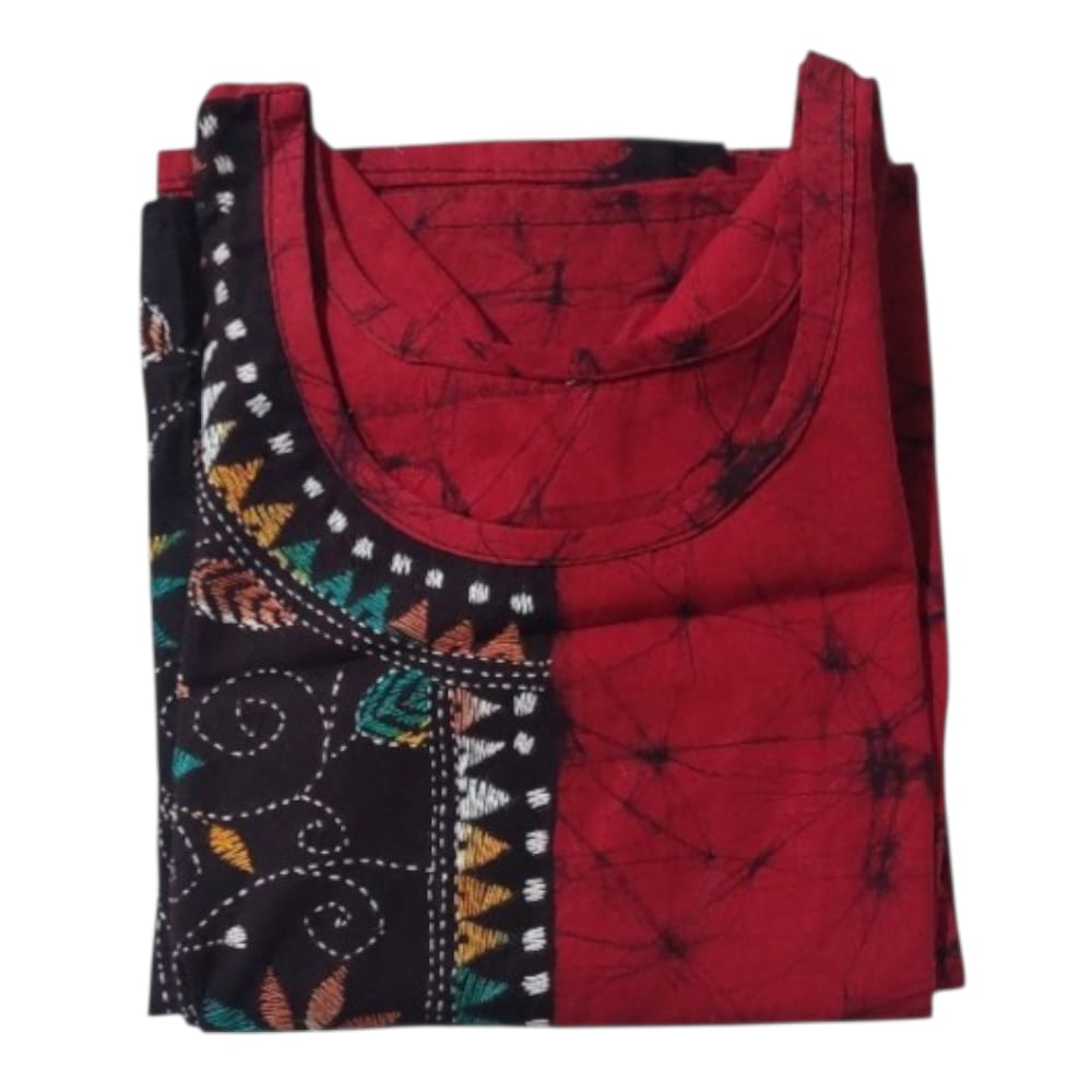 Pure Cotton Hand Printed Kurti (with Sleeve/Sleeveless) with Kantha Hand Embroidery Work