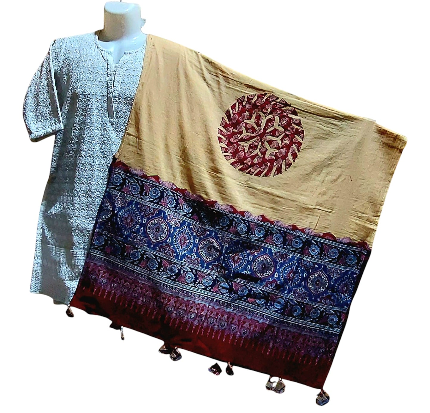 Pure Cotton Ajrakh Hand Block Printed Floral Design Patchwork Dupatta (With Tassels)