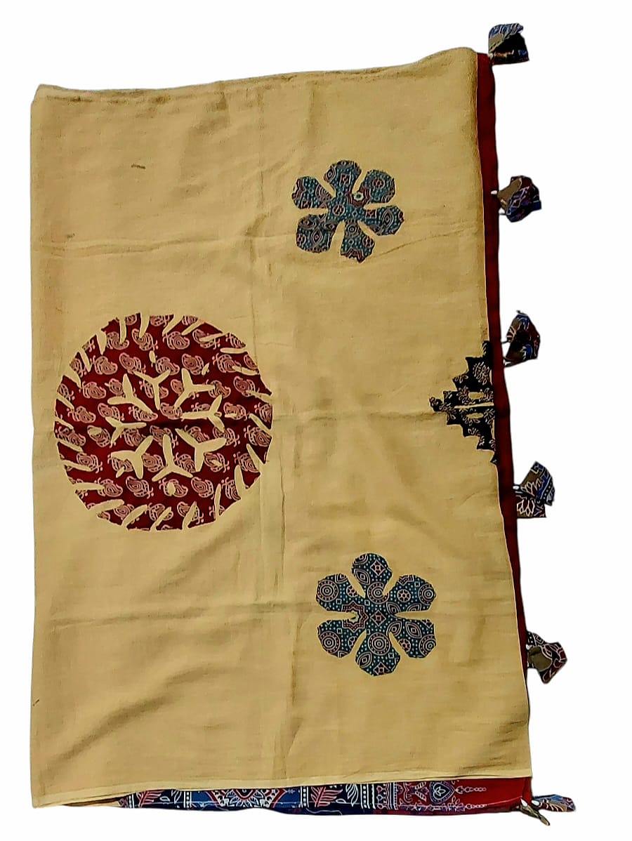 Pure Cotton Ajrakh Hand Block Printed Floral Design Patchwork Dupatta (With Tassels)
