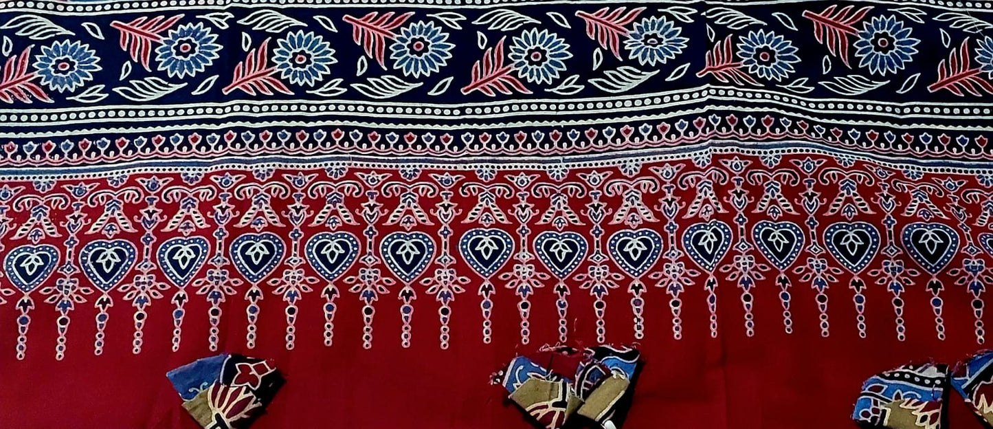 Pure Cotton Ajrakh Hand Block Printed Floral Design Patchwork Dupatta (With Tassels)