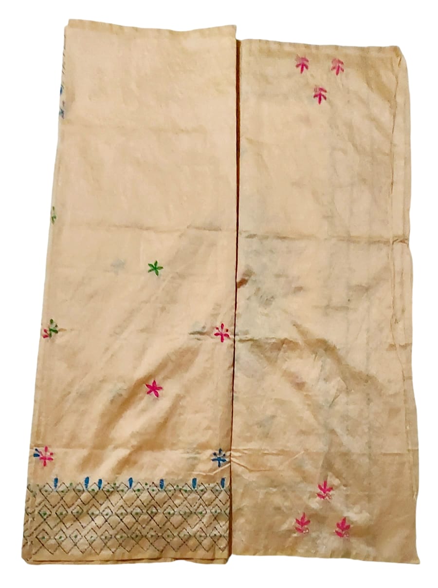 Hand Embroidered Kantha Cotton Silk Saree With Thread Work, Comfortable Fabric And Blouse Piece