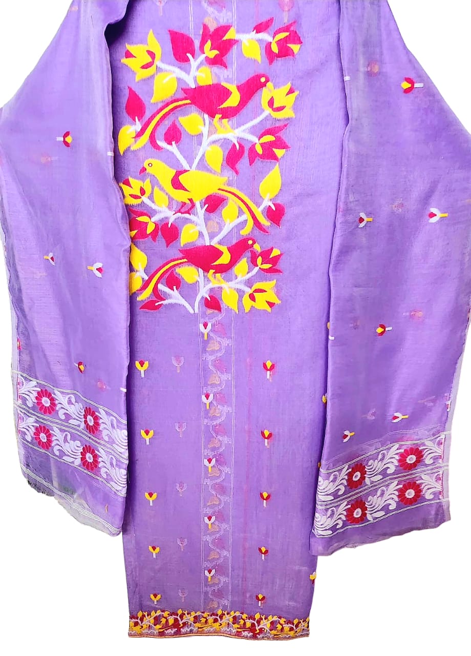 Purely Handmade Kota Silk By Cotton 2 piece Suit Set With Jamdani Weave