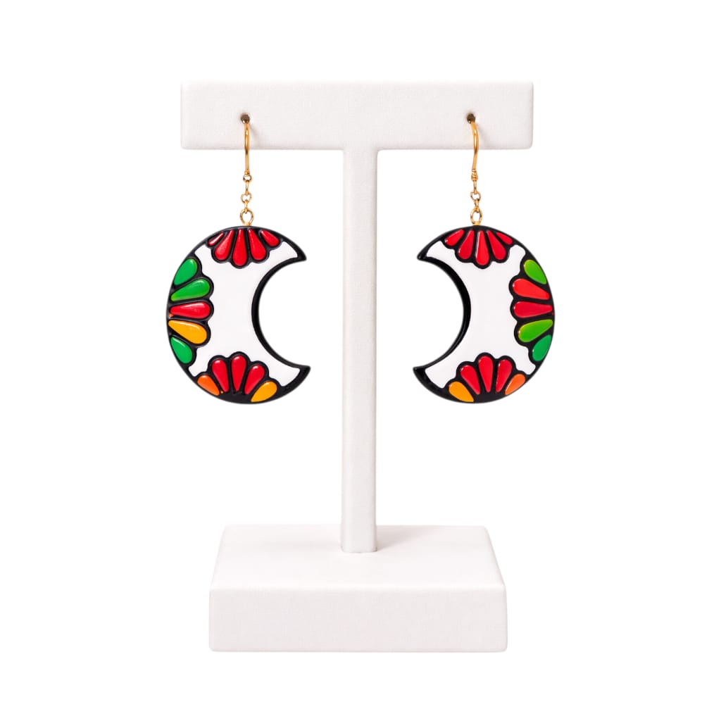 Terracotta Half-Moon Shaped Dangle Earrings(Floral Design)