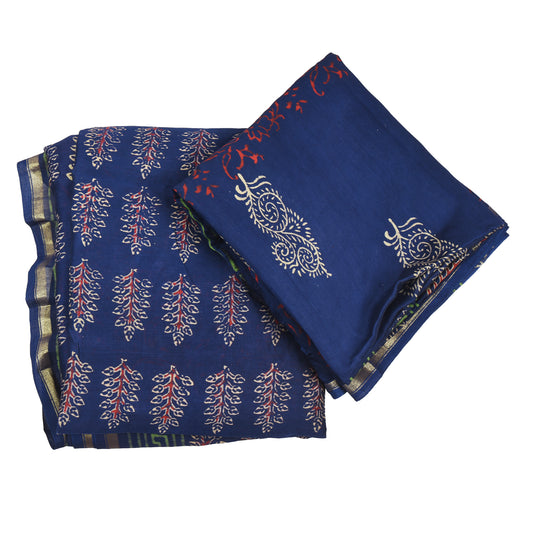 Purely Hand Block Printed Chanderi Silk By Cotton Suit Pieces For Women & Girls