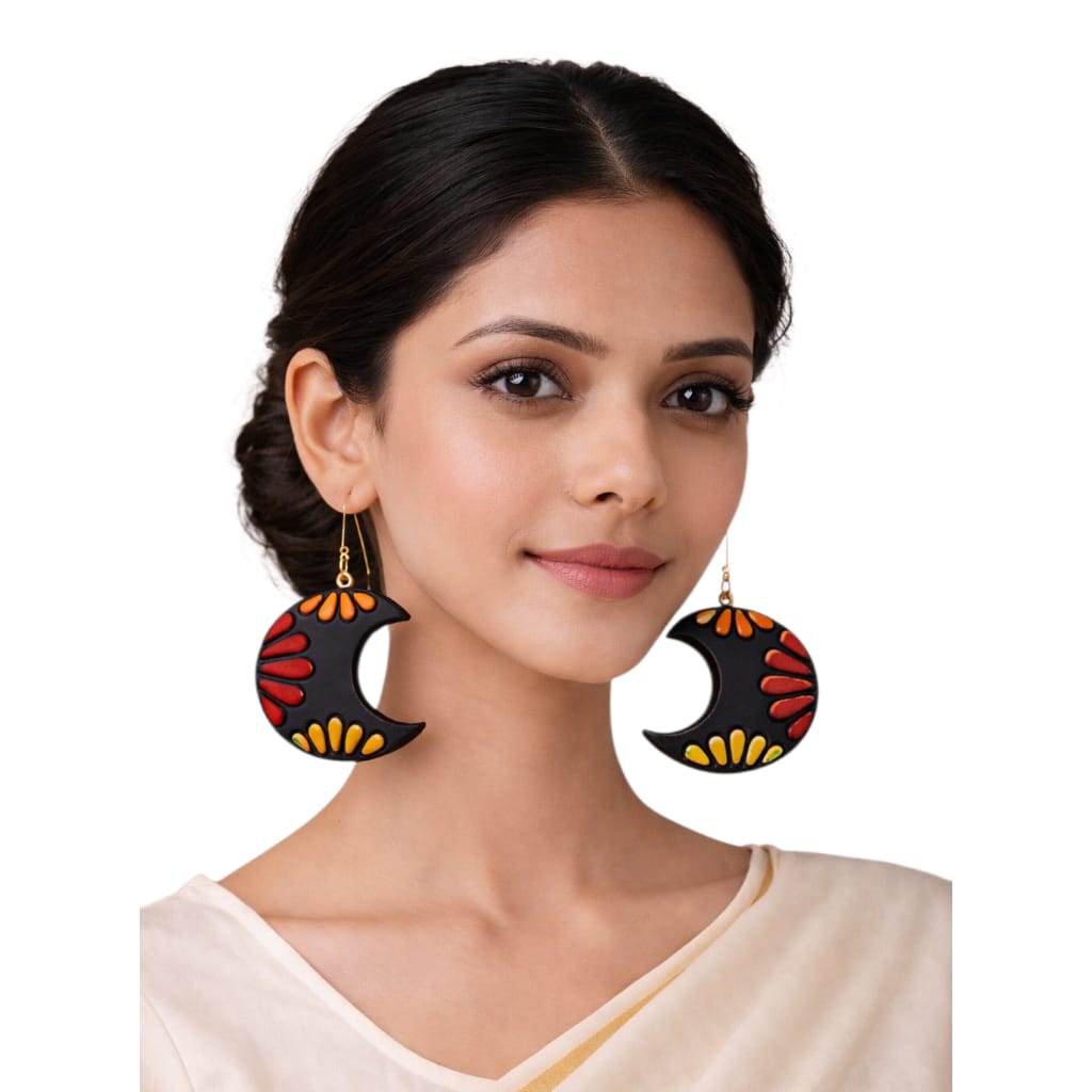 Terracotta Half-Moon Shaped Dangle Earrings(Floral Design)