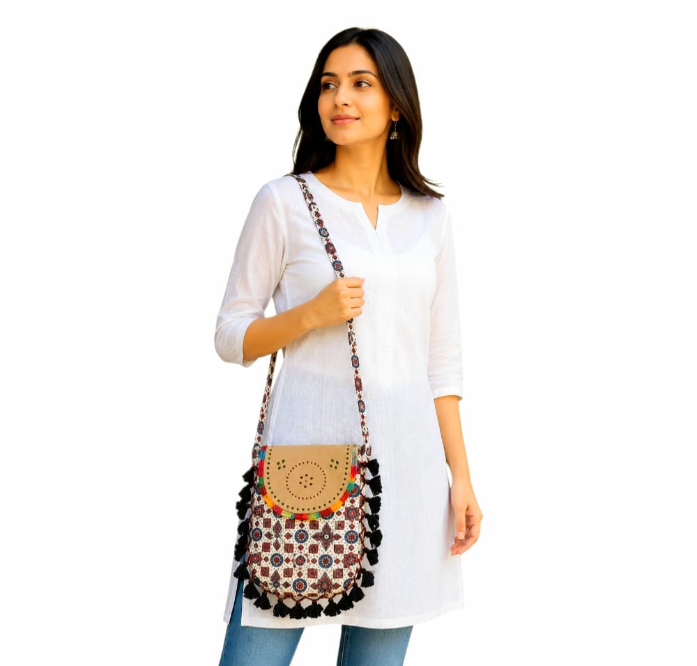 Gajji Silk Ajrakh Printed Leather Crossbody Flip Sling Bag