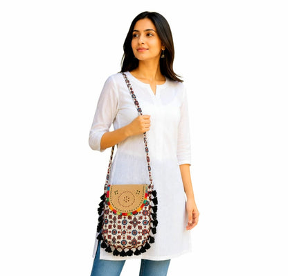 Gajji Silk Ajrakh Printed Leather Crossbody Flip Sling Bag