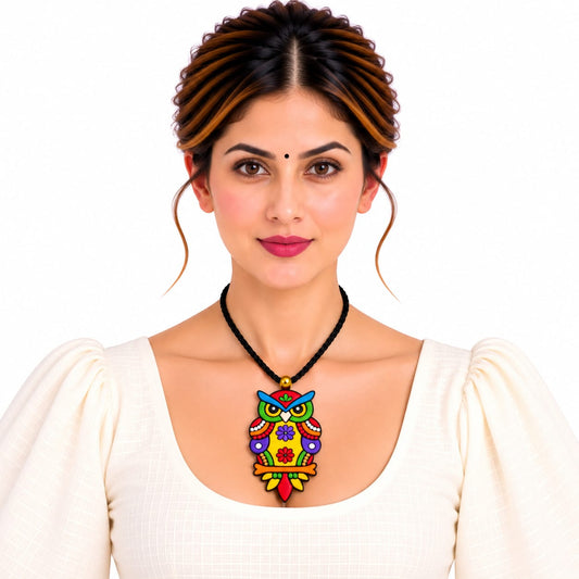 Handmade Multicolour Terracotta Owl Pendant Rope Necklace