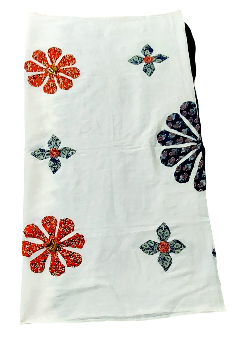 Pure Cotton Ajrakh Hand Block Printed Floral Design Patchwork Dupatta (With Tassels)