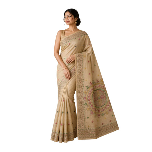 Hand Embroidered Kantha Cotton Silk Saree With Thread Work, Comfortable Fabric And Blouse Piece