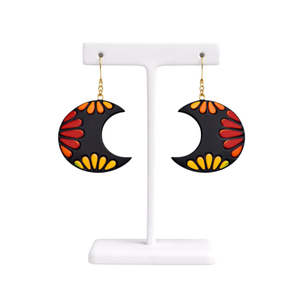 Terracotta Half-Moon Shaped Dangle Earrings(Floral Design)