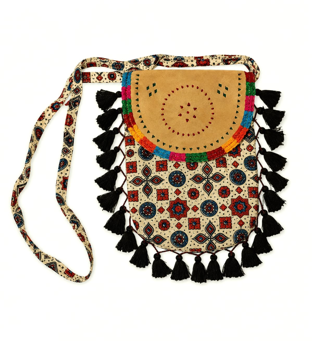 Gajji Silk Ajrakh Printed Leather Crossbody Flip Sling Bag