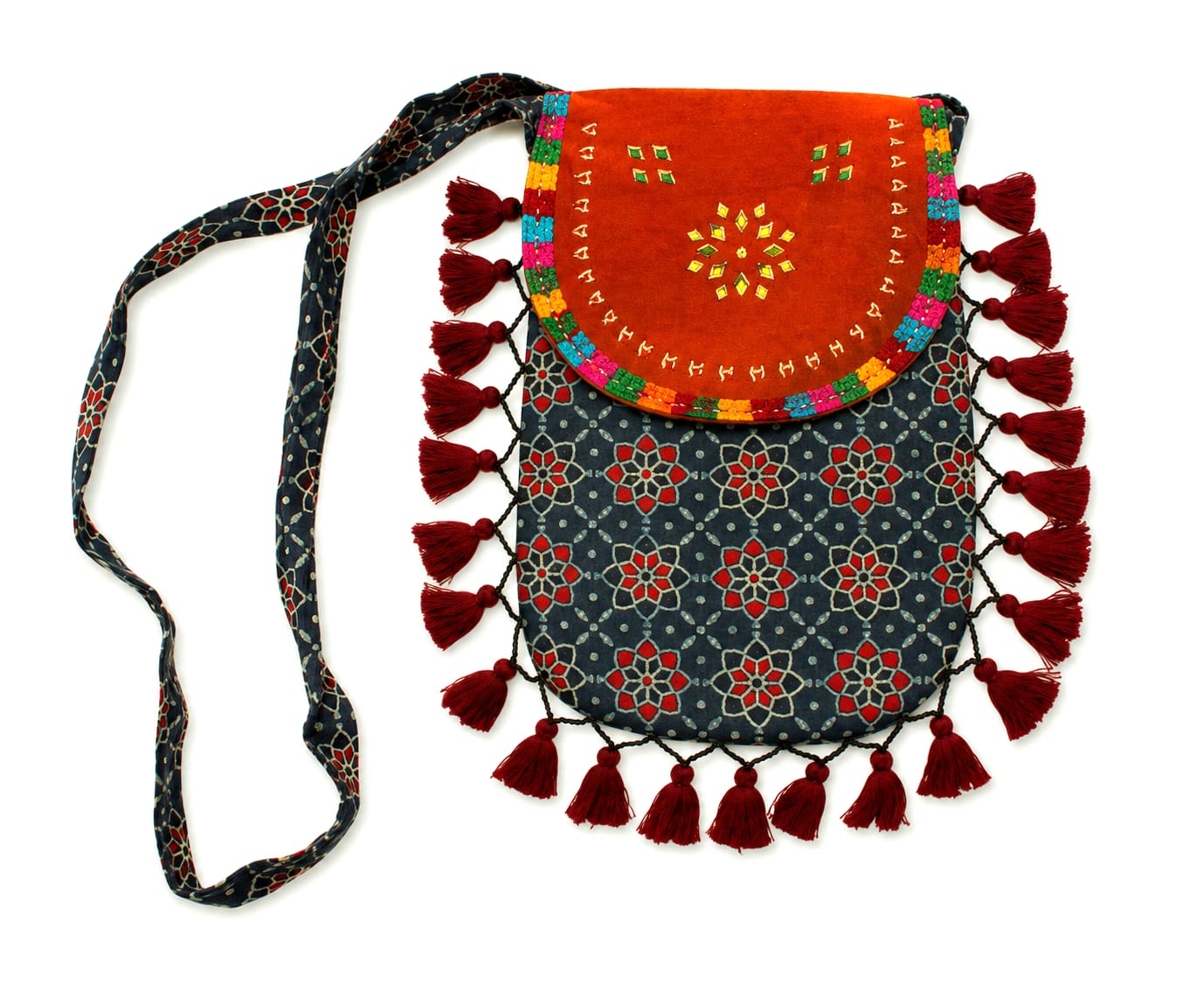 Gajji Silk Ajrakh Printed Leather Crossbody Flip Sling Bag