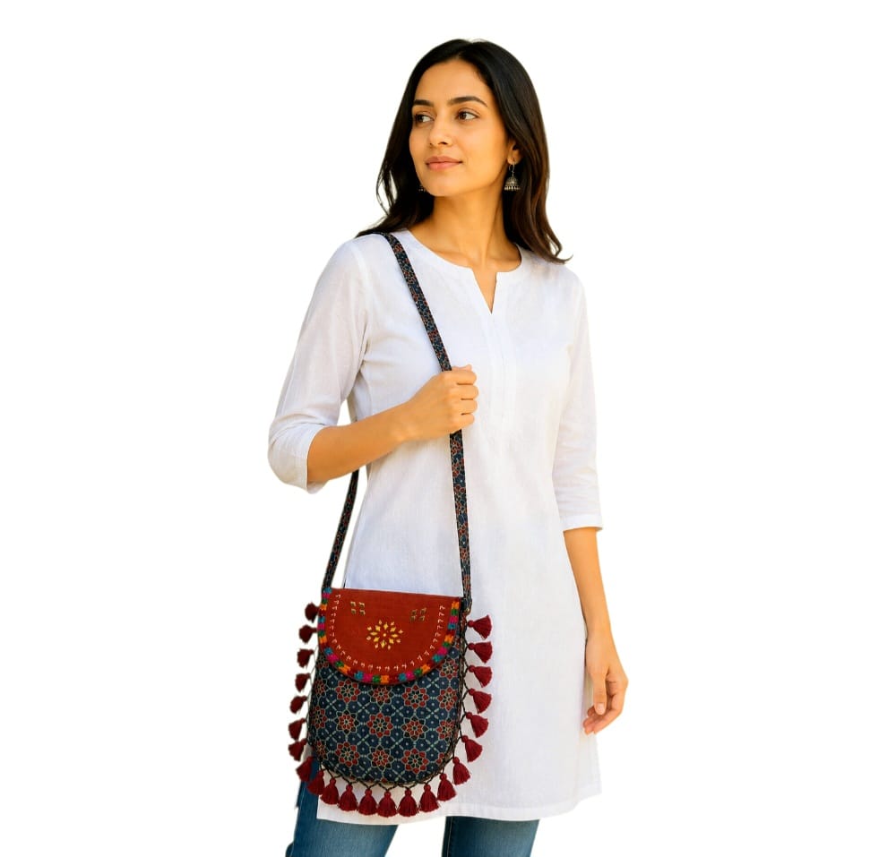 Gajji Silk Ajrakh Printed Leather Crossbody Flip Sling Bag