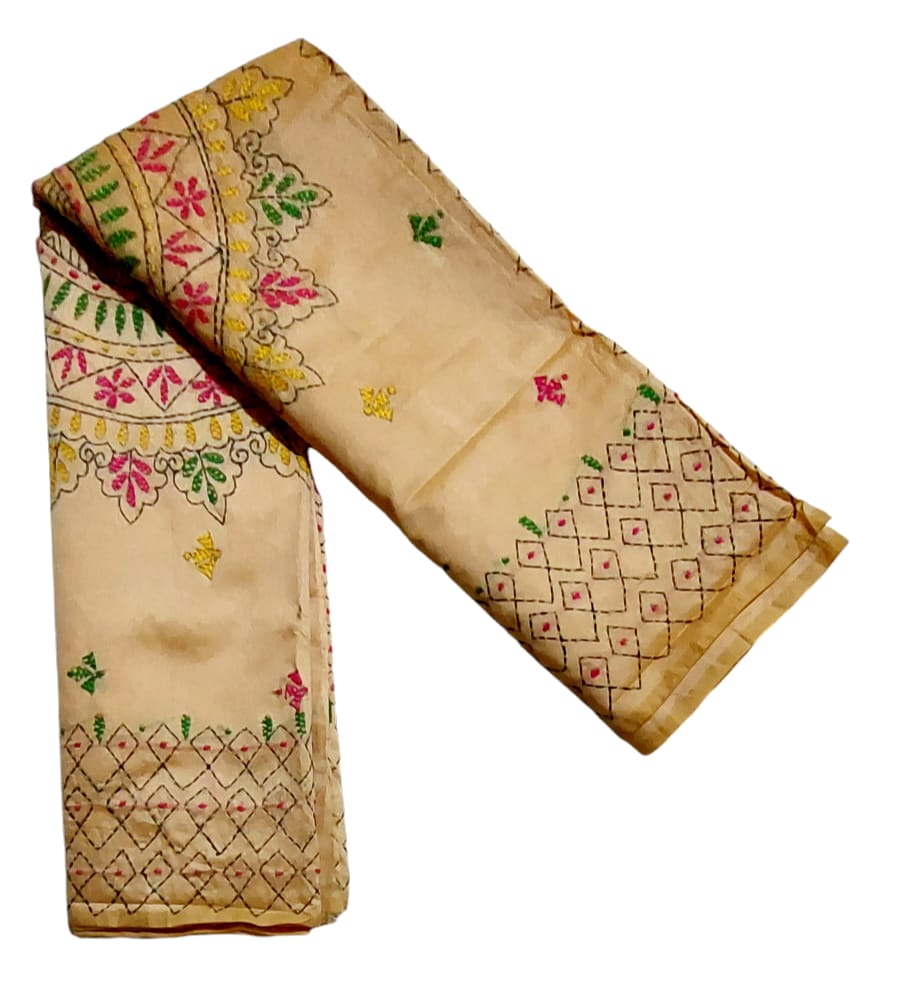 Hand Embroidered Kantha Cotton Silk Saree With Thread Work, Comfortable Fabric And Blouse Piece
