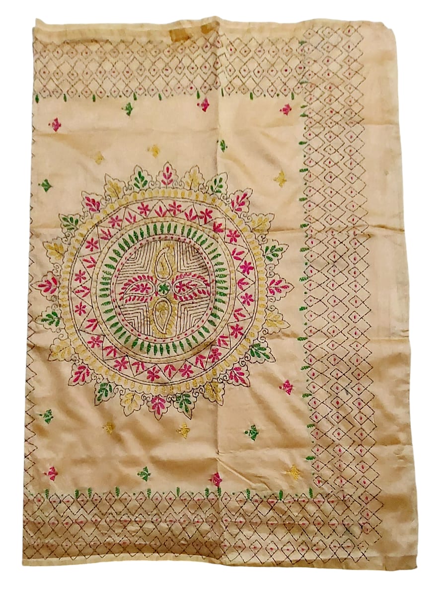 Hand Embroidered Kantha Cotton Silk Saree With Thread Work, Comfortable Fabric And Blouse Piece