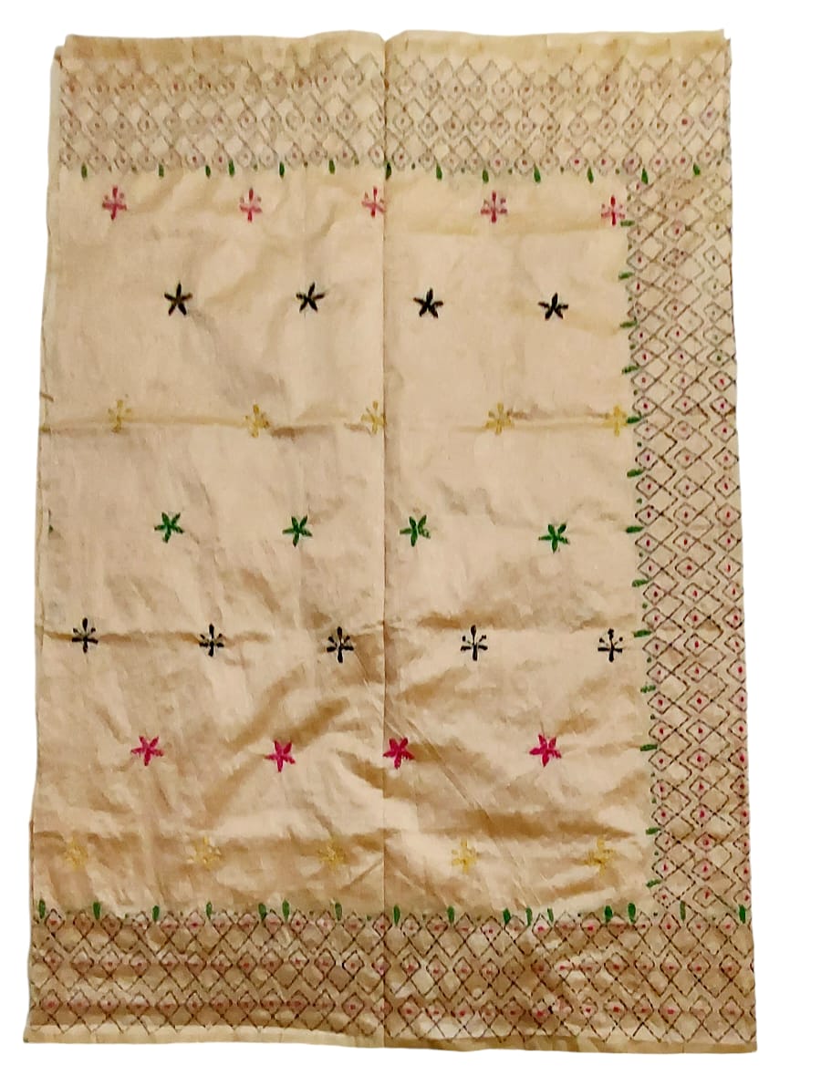 Hand Embroidered Kantha Cotton Silk Saree With Thread Work, Comfortable Fabric And Blouse Piece