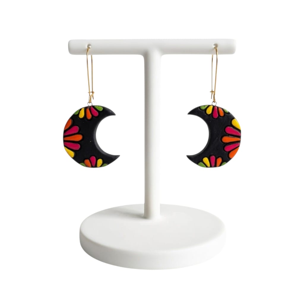 Terracotta Half-Moon Shaped Dangle Earrings(Floral Design)