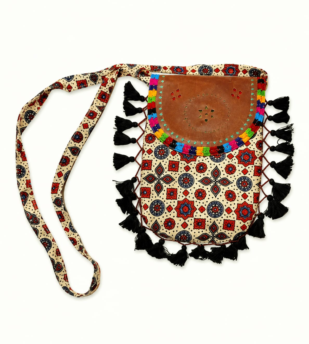 Gajji Silk Ajrakh Printed Leather Crossbody Flip Sling Bag