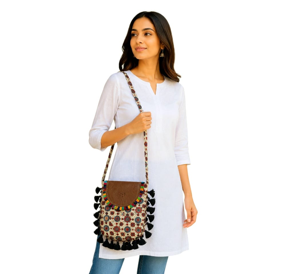 Gajji Silk Ajrakh Printed Leather Crossbody Flip Sling Bag