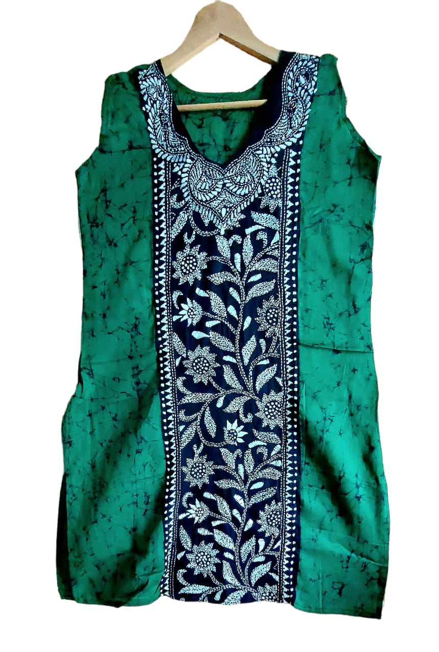 Pure Cotton Hand Printed Kurti (with Sleeve/Sleeveless) with Kantha Hand Embroidery Work